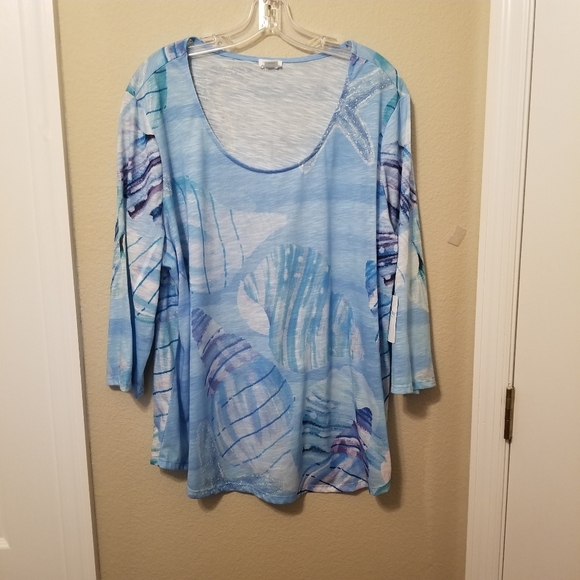 SUN BAY Womens Top size 2X   3/4 Sleeve Blue/White Beachy NWT - Picture 1 of 9
